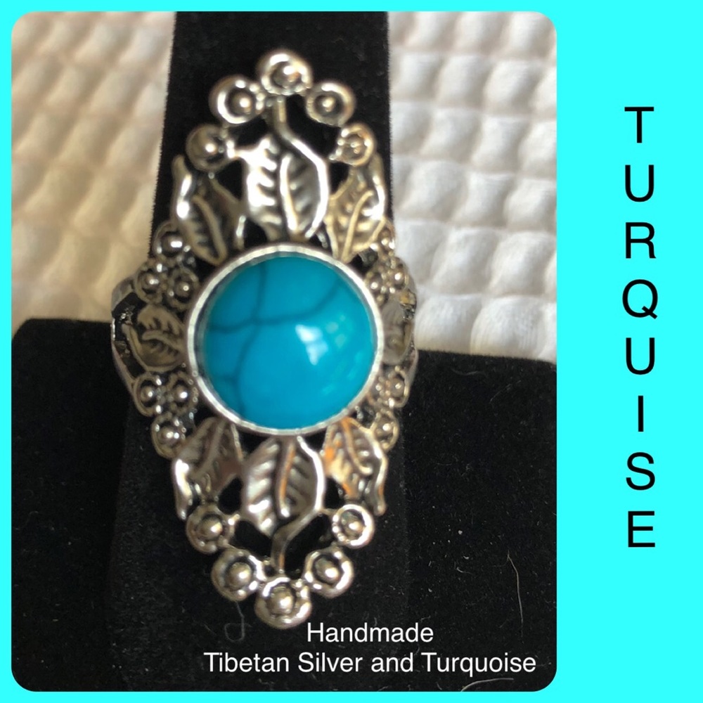 Turquoise Tibetan Silver Handmade Carved Ring